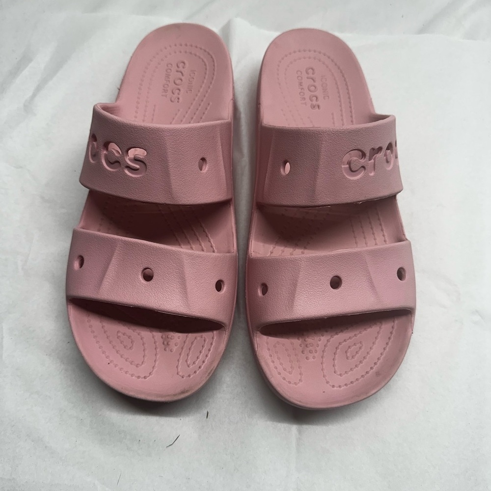 Crocs Baya Platform Slide sandal Sz:W10 Soft Pink Double Strap Cutout Logo